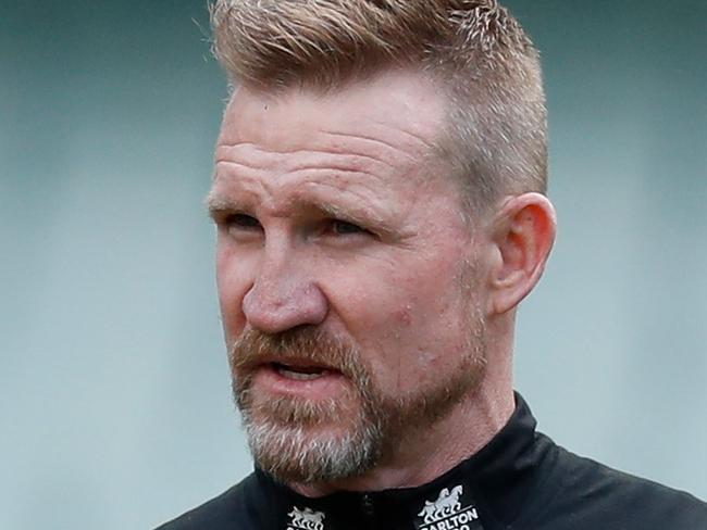 MELBOURNE, AUSTRALIA - MAY 29: Senior coach Nathan Buckley of the Magpies is interviewed before the 2021 AFL Round 11 match between the Collingwood Magpies and the Geelong Cats at the Melbourne Cricket Ground on May 29, 2021 in Melbourne, Australia. (Photo by Michael Willson/AFL Photos via Getty Images)