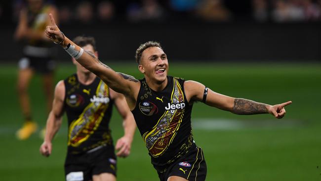 Shai Bolton celebrates a goal. Picture: Carson/AFL Photos via Getty Images