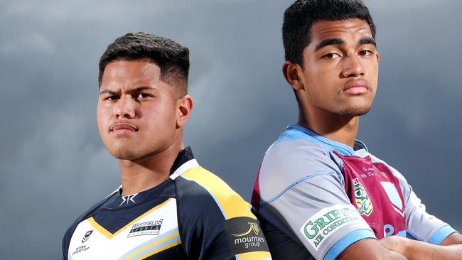 Westfields Sports Highs’ Caleb Tohi and Siaosi Kaliti from Hills Sports High will meet in the semi-finals of the NRL Schoolboy Cup. Picture: Richard Dobson