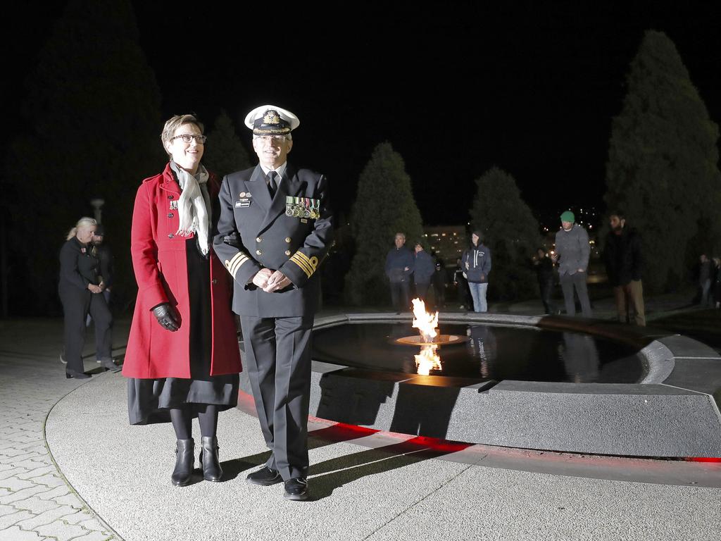 Senior Naval Officer for Tasmania, Bob Curtis and his wife Fran at the Anzac Day dawn service at the Hobart cenotaph. Picture: PATRICK GEE