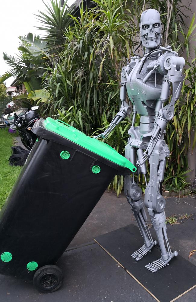 Adz Polisco's 3D-printed Terminator comes in very handy on bin day. Picture: Facebook/Adz Polisco