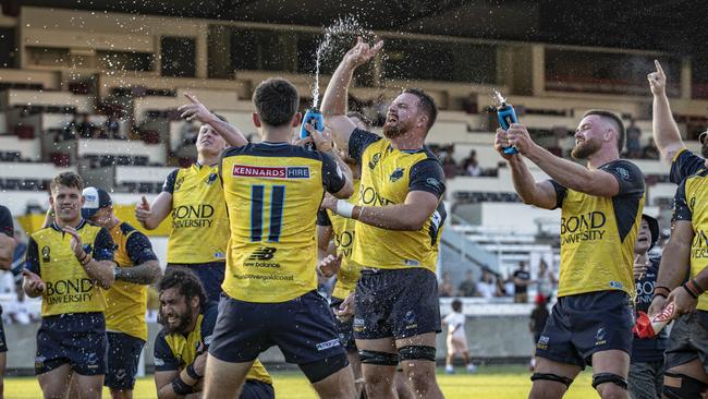 Bond celebrate their minor semi-final win over GPS. Picture: Brendan Hertel / QRU