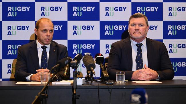 Rugby Australia CEO Phil Waugh and Rugby Australia Chair Daniel Herbert in Melbourne (Photo by Morgan Hancock/Getty Images)