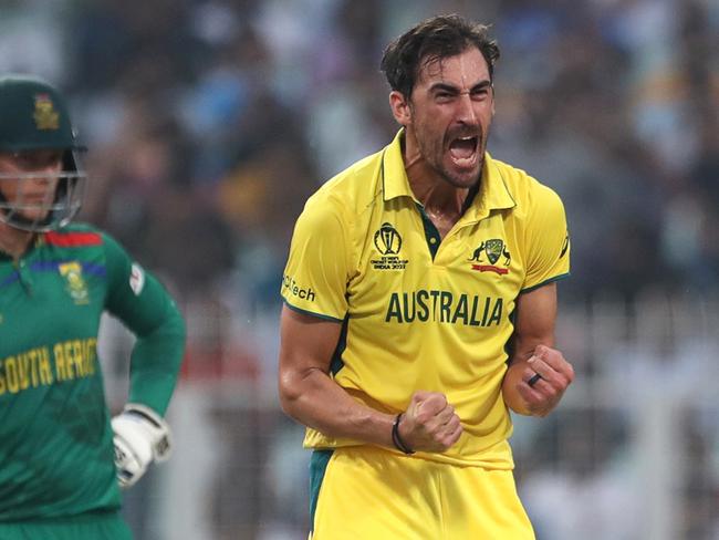 KOLKATA, INDIA - NOVEMBER 16: Australia's Mitchell Starc celebrates the wicket of Aiden Markram of South Africa  during the ICC Men's Cricket World Cup 2023 semi final match between South Africa and Australia at Eden Gardens on November 16, 2023 in Kolkata, India. (Photo by Pankaj Nangia/Gallo Images)