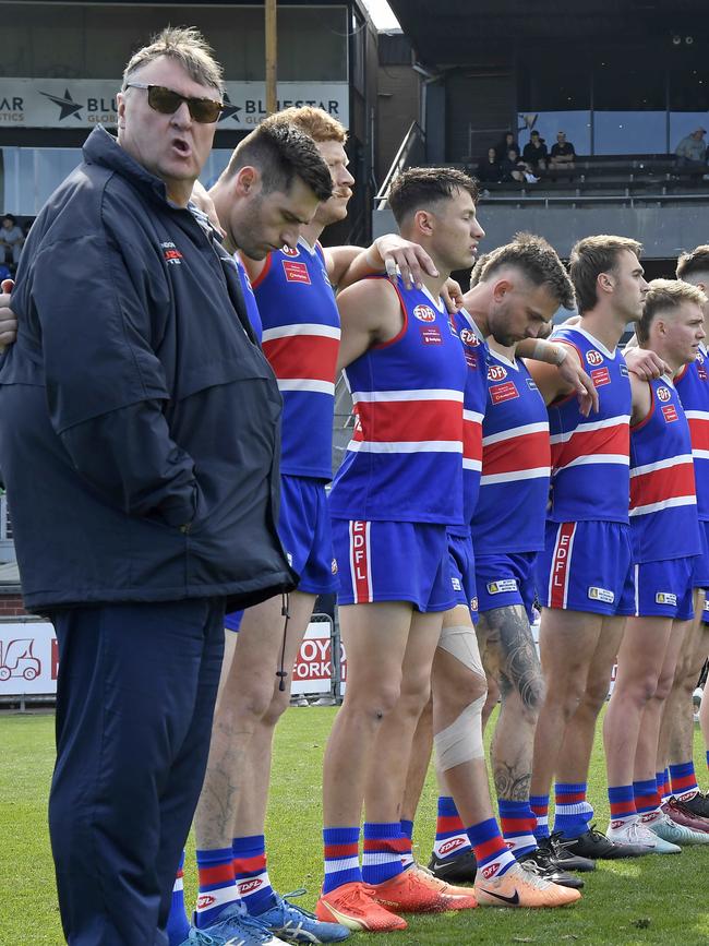 Keilor coach Mick McGuane and his players before the EDFL Premier Division grand final. Picture: Andy Brownbill