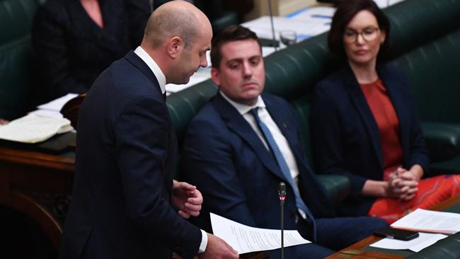 Liberal MP Sam Duluk reads a statement as State Parliament reopens. Picture: AAP / David Mariuz