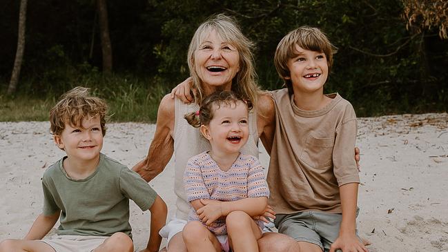 Becky Cantor (centre) with daughter Liz Cantor’s children (from left) Fin Lysaught, Sky Lysaught and Kit Lysaught Picture: Weir the Wild