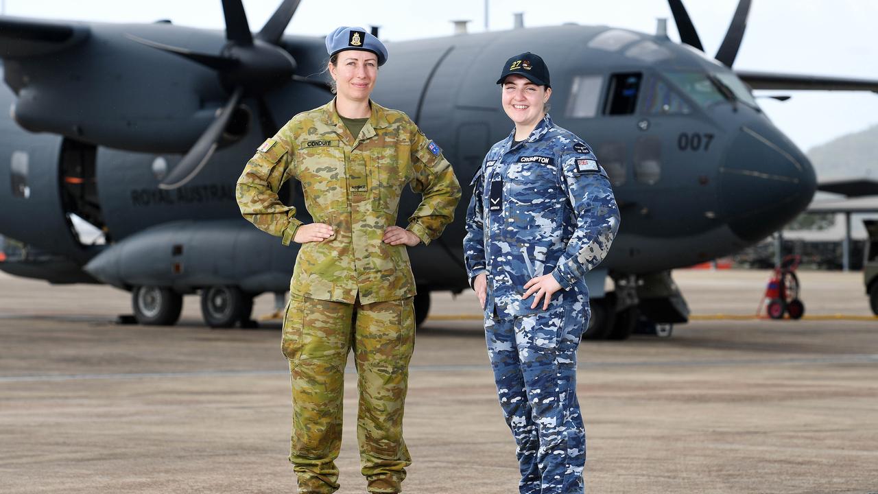 Army Private Chantal Conduit (16 Aviation Brigade) and Air Force Leading Aircraftswoman Bernadette Crompton (27 Squadron). Picture: Shae Beplate.