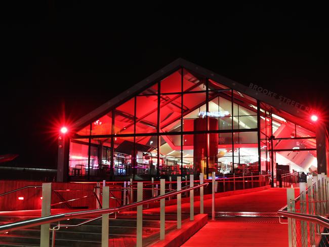 Brooke Street Pier.  Dark Mofo 2019.  Paint the Town Red.  Buildings and landmarks around Hobart lit up with red lighting for the Dark Mofo theme of 'paint the town red'.  Picture: NIKKI DAVIS-JONES