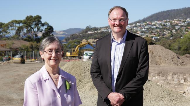 Sister Gabrielle Morgan of the Presentation Sisters and Housing Minister Roger Jaensch at the site of the Maryknoll affordable housing development in Blackmans Bay. The land was donated By the presentation sisters