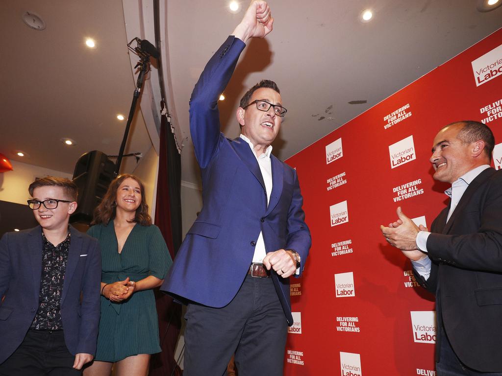 Victorian Premier Daniel Andrews celebrates after winning a resounding victory in the weekend’s state election. Picture: AAP Image/Daniel Pockett