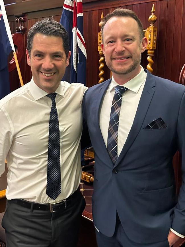 Liberal politicians Senator Alex Antic, left, and Mr Hood after the Upper House MP’s maiden speech last week. Senator Antic is also against the push. Picture: Facebook