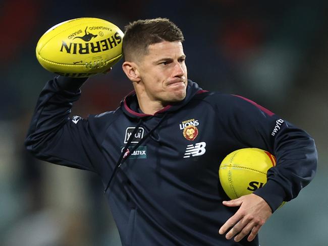 CANBERRA, AUSTRALIA - APRIL 25: Dayne Zorko of the Lions warms up ahead of the round seven AFL match between Greater Western Sydney Giants and Brisbane Lions at Manuka Oval on April 25, 2024 in Canberra, Australia. (Photo by Jason McCawley/AFL Photos/via Getty Images )