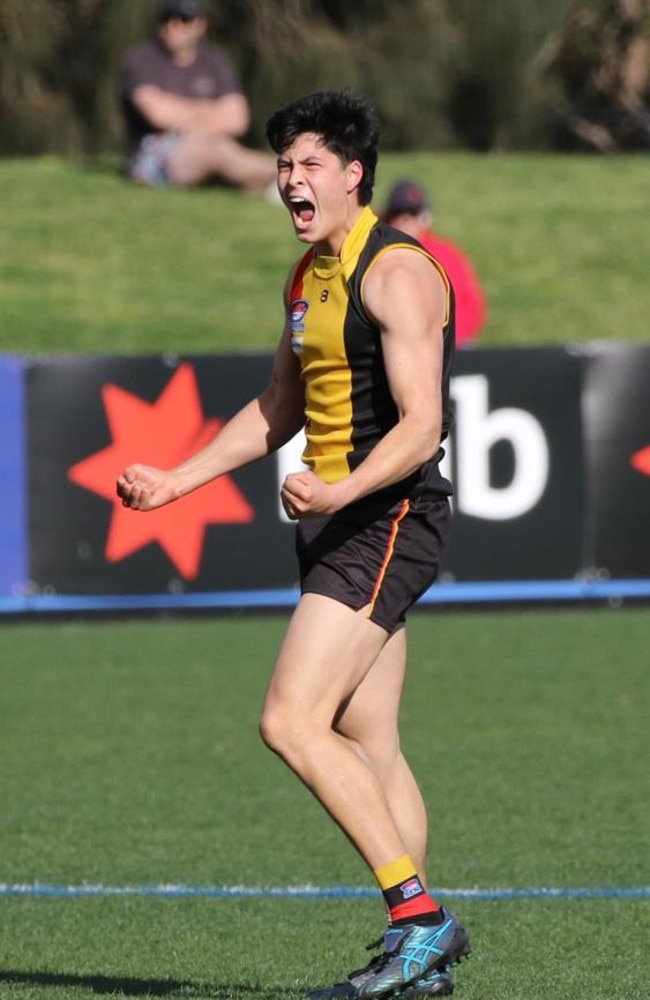 Josh Lai celebrates one of his two semi final goals this September. Picture: Andrew Keech.