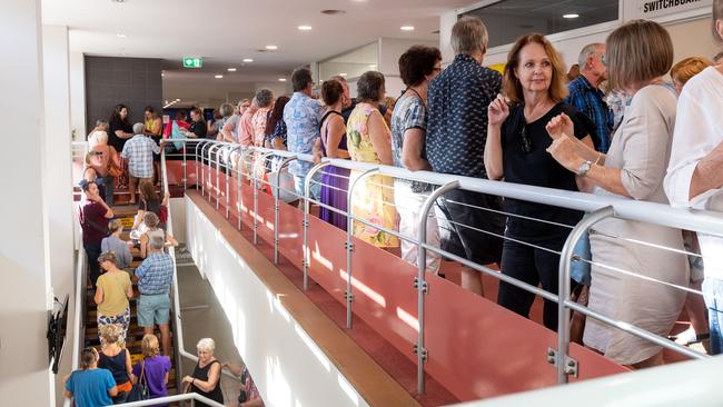 Protesters lined all the available space outside the Darwin council chambers before Tuesday night’s meeting. Picture: Che Chorley