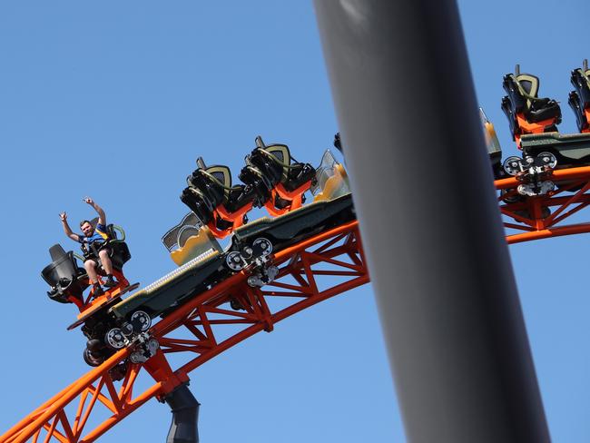 Ride operator Jarrod Towers tests out the Steel Taipan recently. Picture: Glenn Hampson