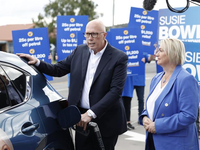 NCA 2025 FEDERAL ELECTION LIBERAL BUS. 24/04/2025Pictured in the suburb of Sorell in Hobart ,Tasmania is Opposition Leader Peter Dutton and Liberal candidate for Lyons Susie Bower who stopped for fuel to talk about the Coalitions petrol price policy.Picture: Richard Dobson / Newswire