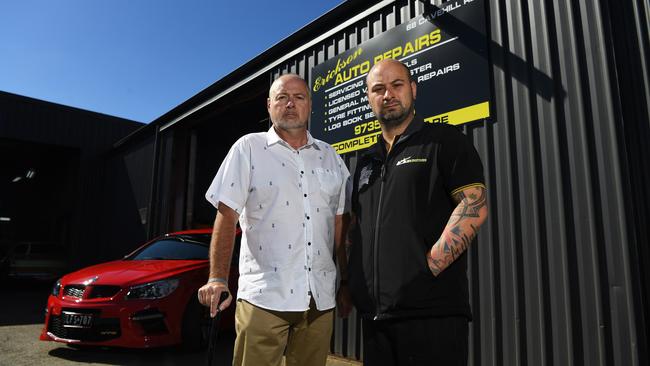 Peter Wyss and son Shaun outside their business which was graffitied. Picture: James Ross