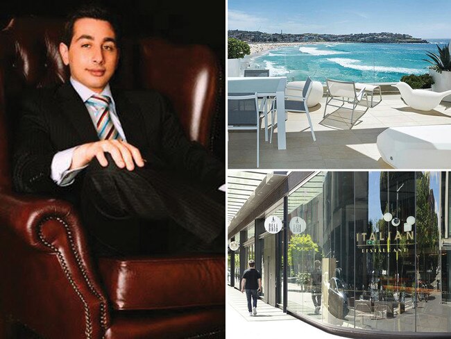 Mark Richerdson, left, and his luxe outlook from his rented Notts Ave, Bondi apartment, top right. His restarrant, Berl and Brio, bottom right, closed after failure to pay rent. Pictures: Supplied