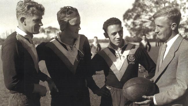 1954 GPS Rugby Premiers. Left to Right: Robin Shaw (Captain), goalkicker Jim Connolly, George Helen, and coach Graham Thomson. Photo supplied.