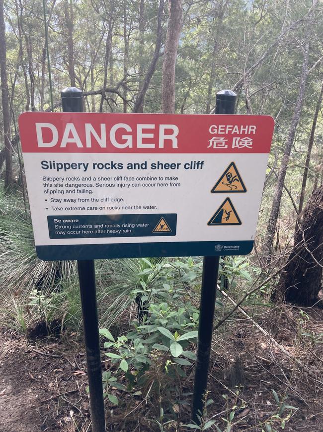 A sign warning of the danger at Windin Falls on the Atherton Tablelands south of Cairns. Picture: Department of Environment and Science