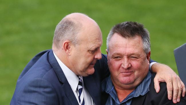 Billy Brownless and Bairstow comfort each other during the memorial service for Paul Couch in March, 2016. Picture: Michael Dodge/Getty Images.