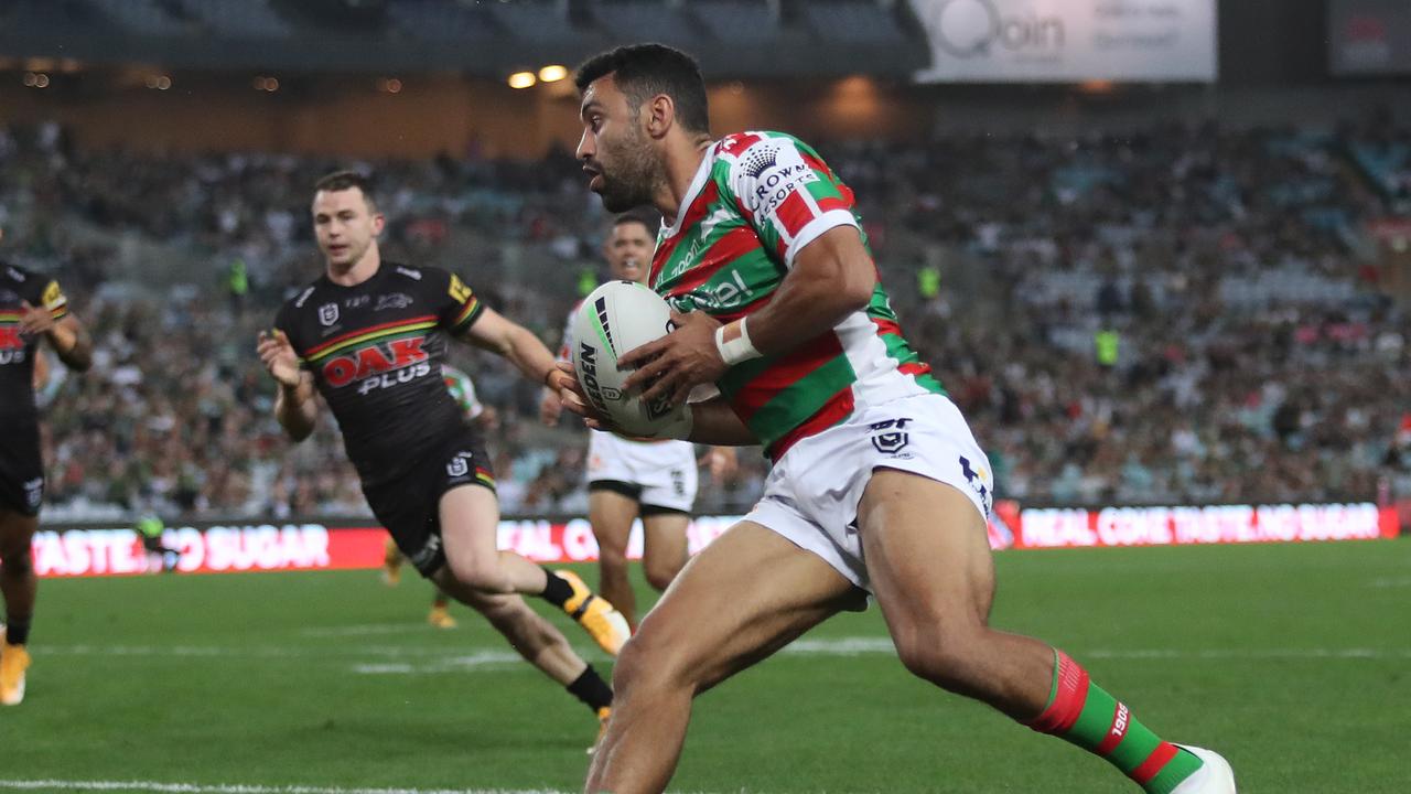 Souths Alex Johnston scores a try against Penrith this season. Picture: Brett Costello