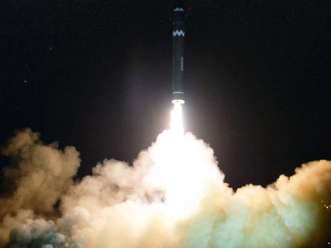 In this image provided on Thursday, Nov. 30, 2017, by the North Korean government, what the North Korean government calls the Hwasong-15, a "significantly more" powerful, nuclear-capable intercontinental ballistic missile, is launched in North Korea on Wednesday, Nov. 29. Independent journalists were not given access to cover the event depicted in this image distributed by the North Korean government. The content of this image is as provided and cannot be independently verified. Korean language watermark on image as provided by source reads: "KCNA" which is the abbreviation for Korean Central News Agency. (Korean Central News Agency/Korea News Service via AP)