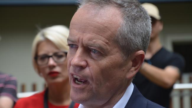 Bill Shorten addresses the media at the Cairns Hospital with Leichhardt Elida Faith in the background. PICTURE: CHRIS CALCINO