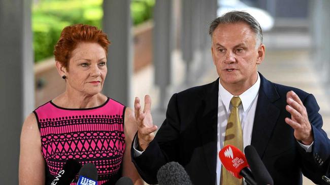 One Nation party leader Pauline Hanson (left) and One Nation candidate and state leader for NSW Mark Latham speak to the media in Sydney, Wednesday, November 7, 2018. Picture: JOEL CARRETT