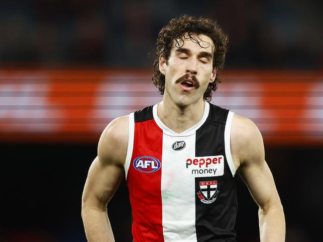 MELBOURNE, AUSTRALIA - AUGUST 12: Max King of the Saints reacts after missing a goal during the round 22 AFL match between the St Kilda Saints and the Brisbane Lions at Marvel Stadium on August 12, 2022 in Melbourne, Australia. (Photo by Daniel Pockett/AFL Photos/via Getty Images)