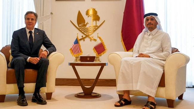 Qatar's PM and Foreign Affairs Minister Sheikh Mohammed bin Abdulrahman bin Jassim al-Thani receives US Secretary of State Antony Blinken in Doha last month. Picture: AFP