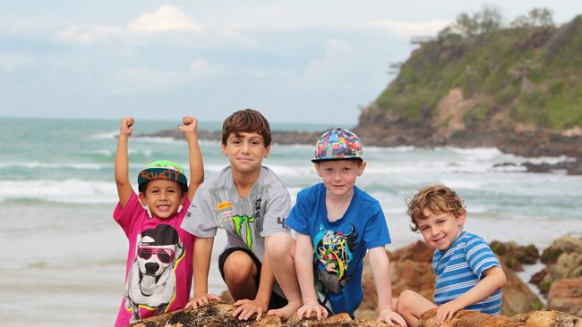 Jaxon and Kai Peermamode and Oscar and George Woodhead at Coolum Beach.