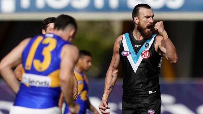 Charlie Dixon of the Power reacts after kicking a goal during the Round 4 AFL match between the Port Adelaide Power and the West Coast Eagles at Metricon Stadium on the Gold Coast, Saturday, June 27, 2020. (AAP Image/Dave Hunt) NO ARCHIVING, EDITORIAL USE ONLY