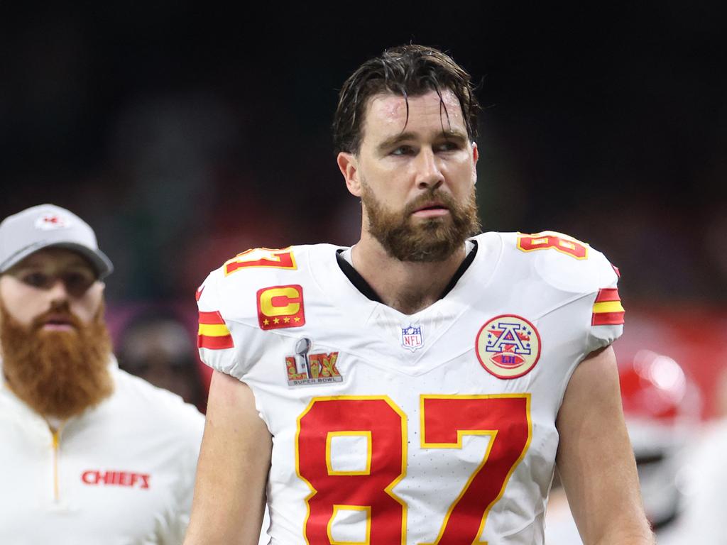 Travis Kelce was “battling illness” during the Kansas City Chiefs’ disastrous Super Bowl performance. Picture: Getty Images via AFP