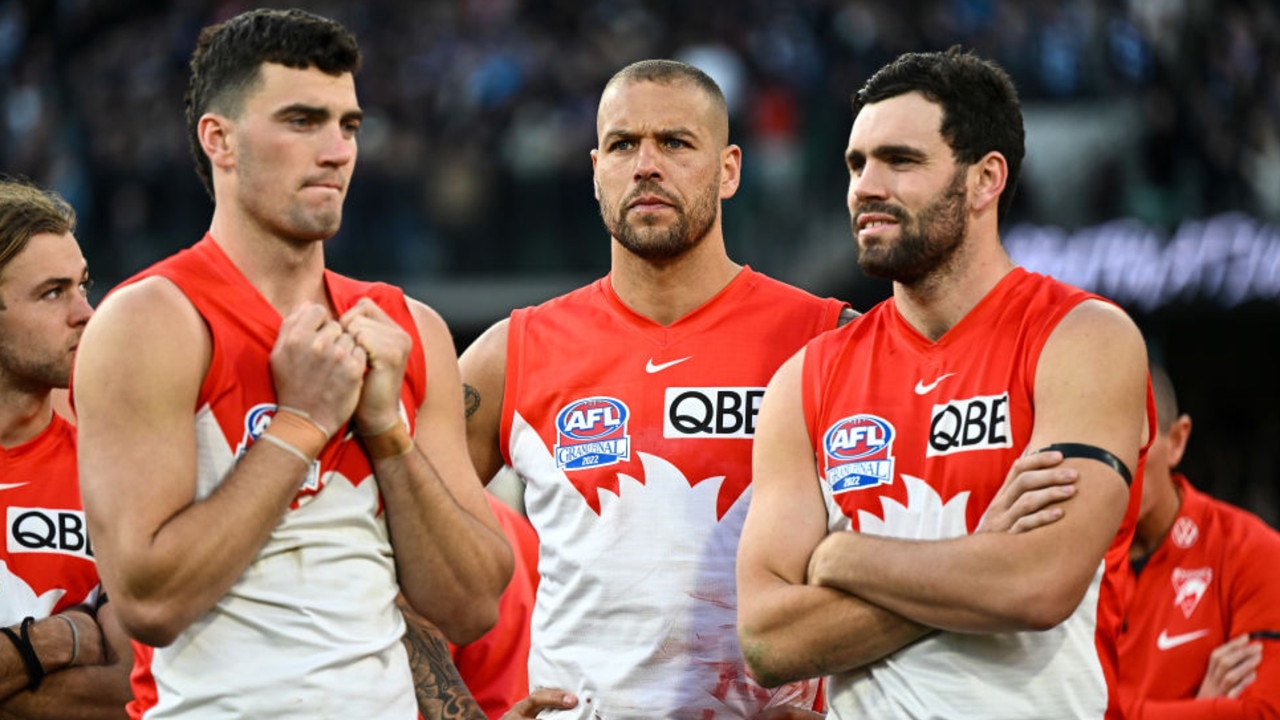 MELBOURNE, AUSTRALIA - SEPTEMBER 24: Lance Franklin of the Swans looks on after the loss during the 2022 Toyota AFL Grand Final match between the Geelong Cats and the Sydney Swans at the Melbourne Cricket Ground on September 24, 2022 in Melbourne, Australia. (Photo by Daniel Carson/AFL Photos via Getty Images)