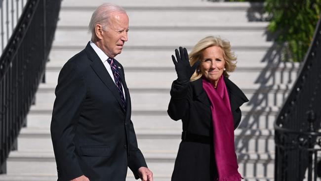 Joe and Jill Biden leave the White House South Lawn on Saturday to spend the weekend at their home in Wilmington, Delaware. Picture: AFP