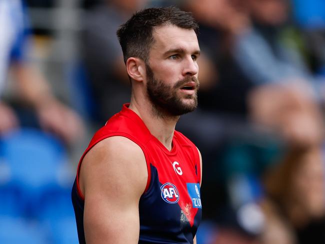 HOBART, AUSTRALIA - AUGUST 6: Joel Smith of the Demons looks on during the 2023 AFL Round 21 match between the North Melbourne Kangaroos and the Melbourne Demons at Blundstone Arena on August 6, 2023 in Hobart, Australia. (Photo by Dylan Burns/AFL Photos)