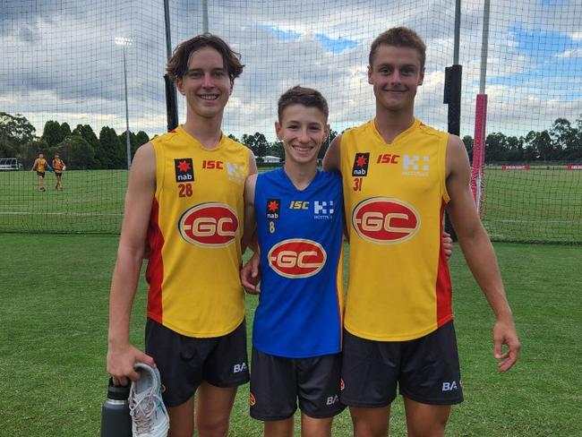 Zayne Moore, Cooper Glass and Brae Agrums (l-r) during trials for the GC Suns Academy National Carnival squad 2024 at Austworld Centre Oval. Contributed by Wes Glass