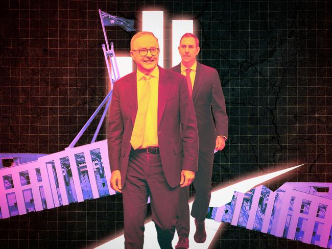 19 December 2024; A photo comp of Anthony Albanese and Jim Chalmers with a retro background. Artwork by Frank Ling. Sources: supplied. Ratio 4:3. FOR PRINT.