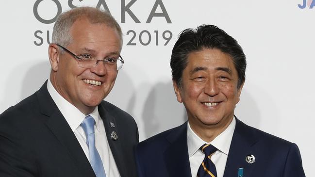 Scott Morrison with Japanese Prime Minister Shinzo Abe at the G20 leaders summit in Osaka in 2019. Picture: Getty Images