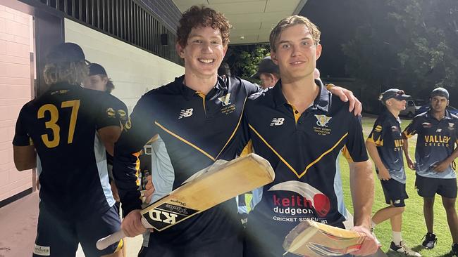 Hugh Weibgen and Cooper Mackie after an excellent partnership of 164 secured back-to-back Under-19 premierships for Valleys.