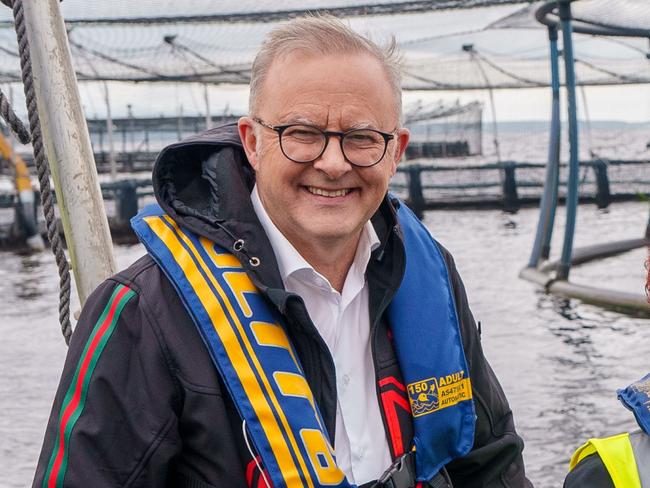 STRAHAN, TASMANIA, AUSTRALIA - NewsWire Photos - 14 DECEMBER, 2024: The Australian Prime Minister Anthony Albanese (L) and Tasmanian Senator Anne Urquhart (R) visit the Tassal salmon pens in Strahan, Tasmania. Picture: POOL / NewsWire