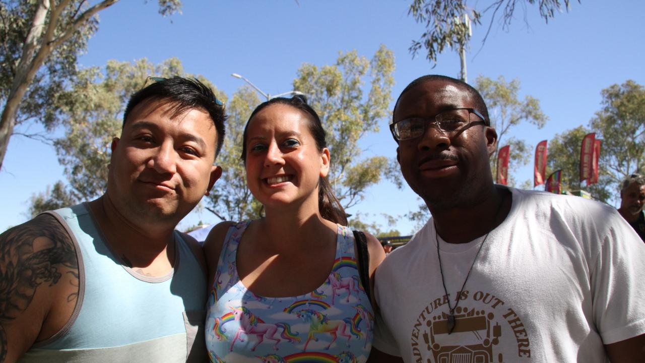 Americans Lucky, Suzy and Timothy enjoying the Henley on Todd in Alice Springs, Saturday, August 17, 2024. Picture: Gera Kazakov