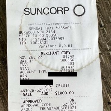 A receipt for a $1000 purchase from Sensai Thai Massage Burwood. Picture: Federal Court of Australia