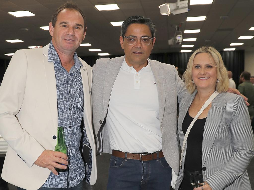 Simon Liebett, Bikash Randhawa and Rachel Hancok at the Tim Tszyu vs Carlos Ocampo Interim WBO Super Welterweight World title contest at the Convention Centre in Broadbeach. Photo: Regi Varghese