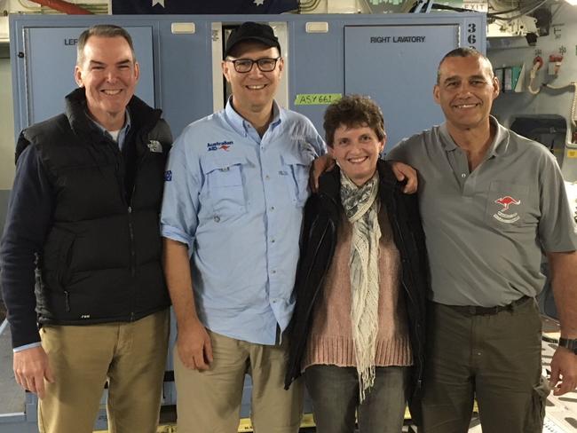 Thailand cave diving hero Dr Richard Harris pictured with MEDSTAR Andrew Pearce, wife Fiona and West Australian diver Craig Challen after returning home on a RAAF C17. Picture Facebook