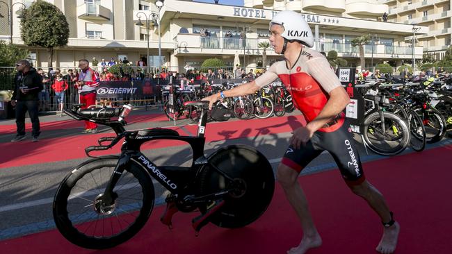 Cameron Wurf begins his bike leg during the IRONMAN Emilia-Romagna. Picture: Jan Hetfleisch/Getty Images for IRONMAN