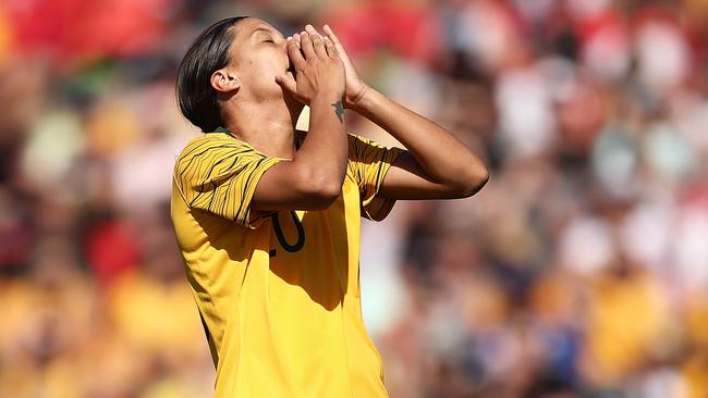 Matildas star Sam Kerr reacts after missed chance against Chile.