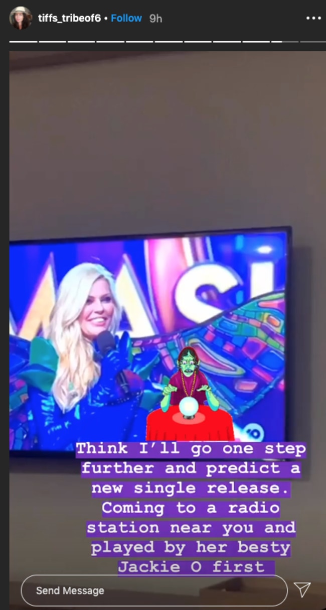 Tiffani Wood's Instagram stories about Sophie Monk on the Masked Singer.